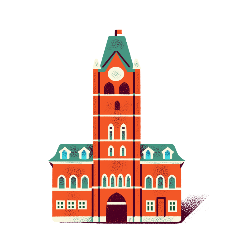 An illustration of a red brick city hall