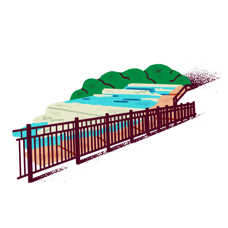 An illustration of a waterfall with a fence in front
