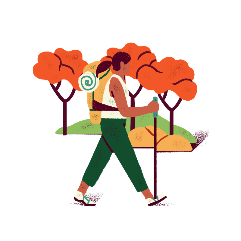 An illustration of a hiker in front of fall coloured trees